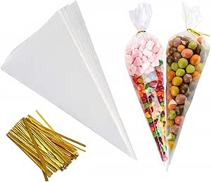 Clear Cone Shape Candy Bags with Golden Twist Tie 100pcs pack 13x25cm