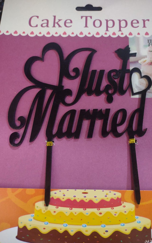 Acrylic Black Heart Just Married Cake Topper