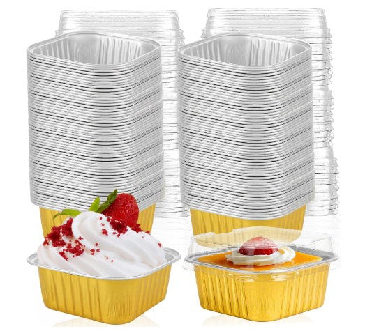 Aluminium Baking Cup Square Golden with Lid 150ml 10pieces Set