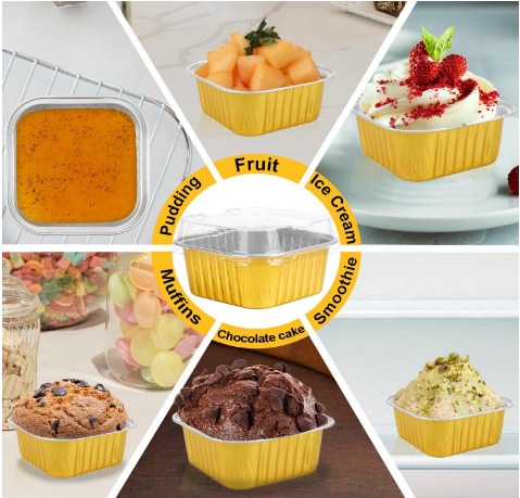 Aluminium Baking Cup Square Golden with Lid 150ml 10pieces Set