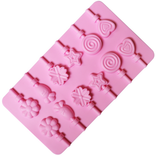 12 CAVITY DOUBLE HEART, STAR, FLOWER, ROUND LOLLIPOP MOLD