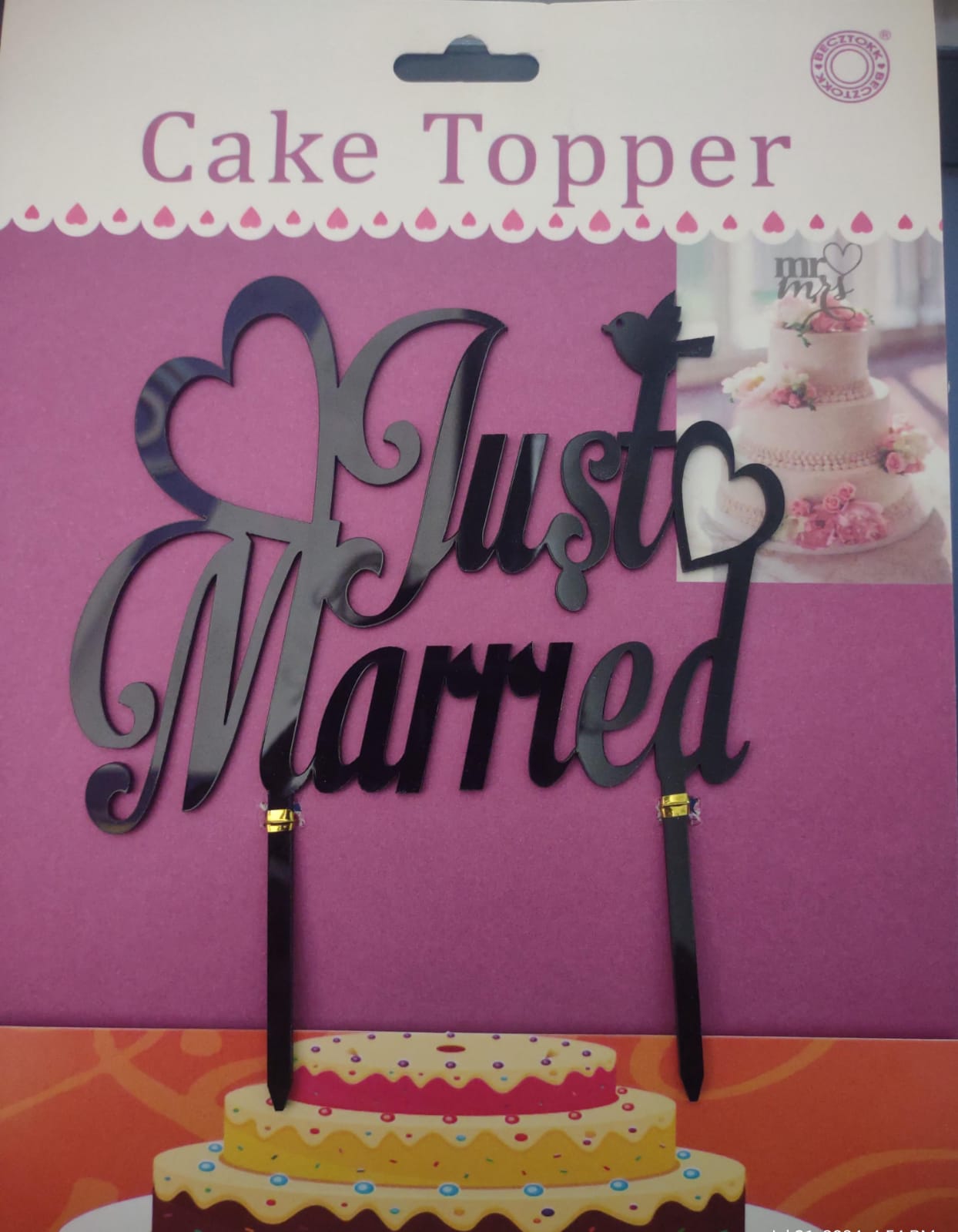 Acrylic Black  Heart Just Married Cake Topper