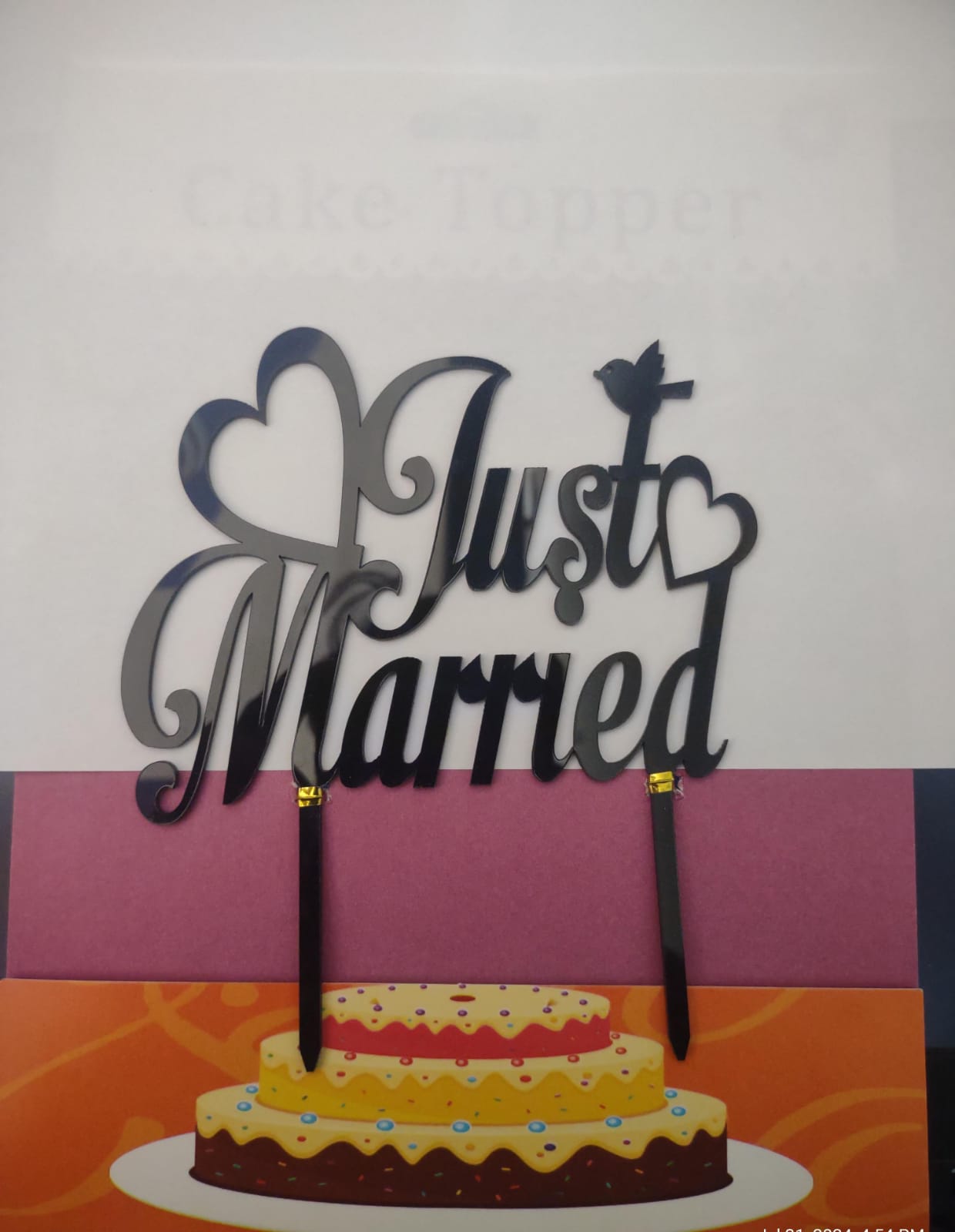 Acrylic Black  Heart Just Married Cake Topper