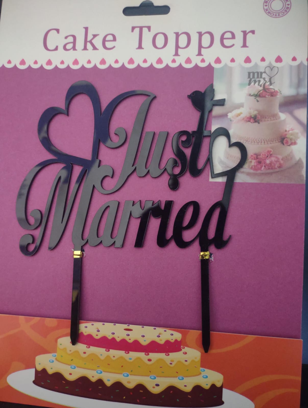 Acrylic Black  Heart Just Married Cake Topper