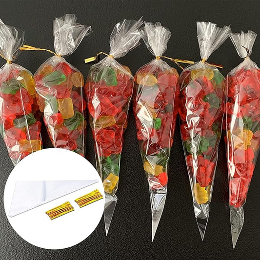 Clear Cone Shape Candy Bags with Golden Twist Tie 100pcs pack 13x25cm