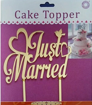 Acrylic Golden Heart Just Married Cake Topper