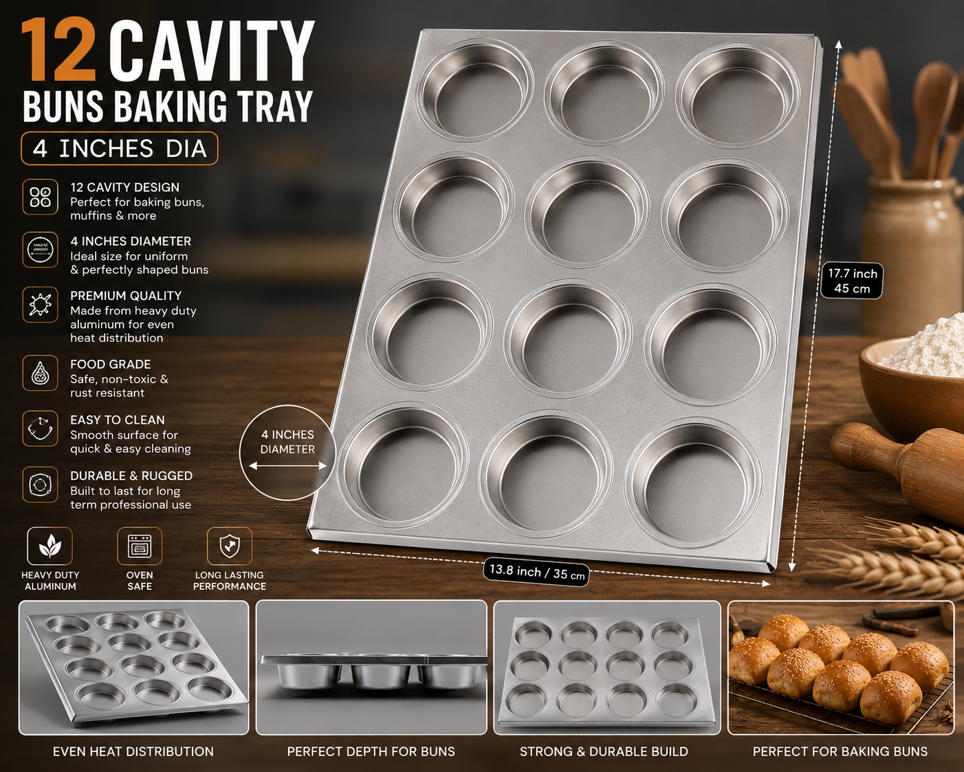 12 Cavity Buns Baking Tray 4 inches Dia