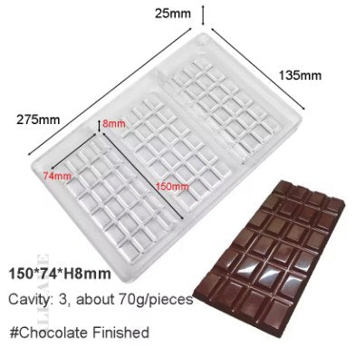 Acrylic Chocolate Bar Mold 3 Cavity size 5.5" x 2.9" Each Cavity