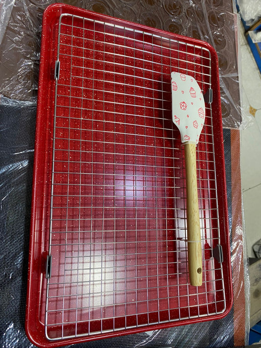 Red Cooling Rack Set 3pcs with Tray Spatula Tray 43 x 28 cm Cooling Rack 41 x 24.5 cm Spatula 31 cm