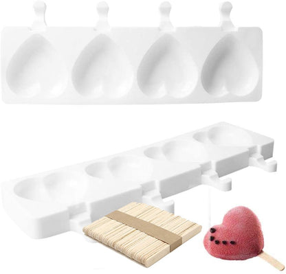 4 Cavity Heart Shaped Ice Cream Silicone Mold With 50 Sticks