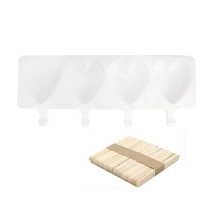 4 Cavity Heart Shaped Ice Cream Silicone Mold With 50 Sticks
